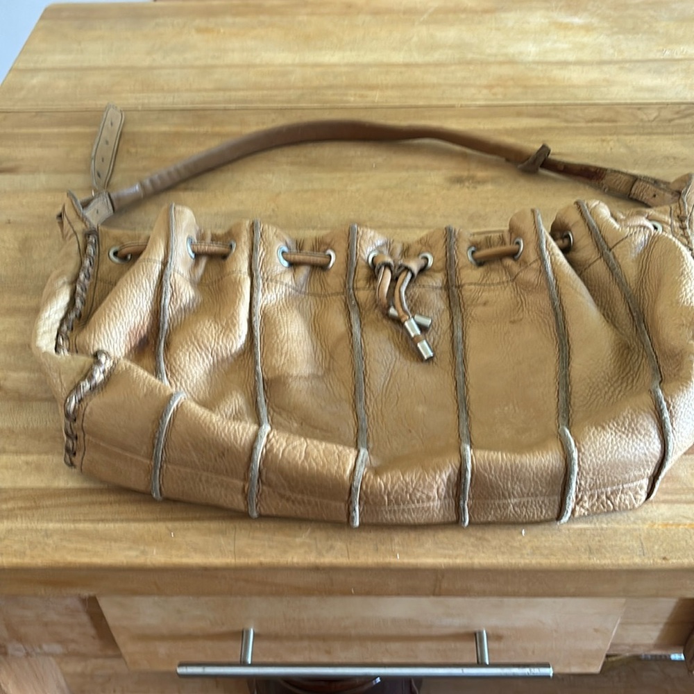 Kenneth Cole Tan Leather Shoulder Bag with Ruched Design